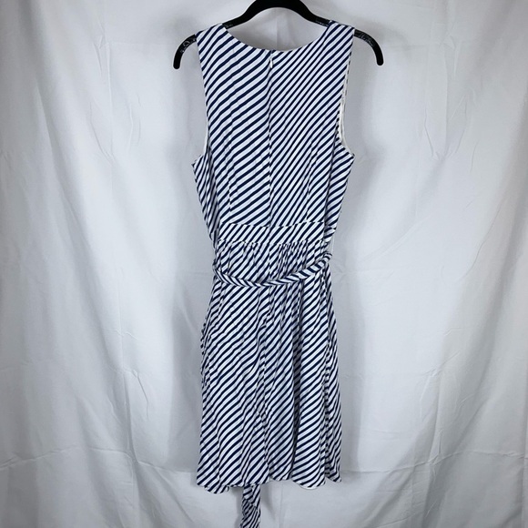 Loft Dress Above The Knee Stripe Belted Fit & Flare Wrap Dress V-Neck Sleeveless - Picture 7 of 8